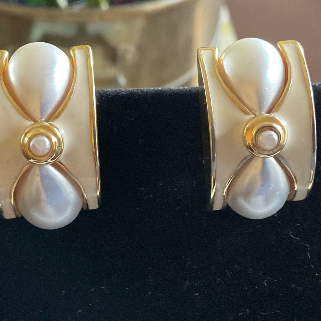 Vintage St. John Clip On Earrings: Gold Plated Faux Pearl Signed 1980s